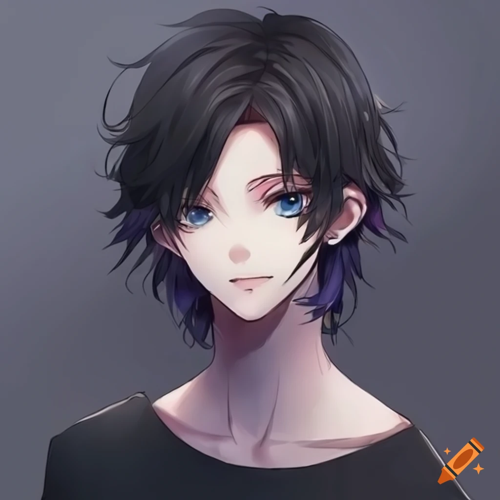 Anime boy character with black long fluffy wavy hair, wearing a