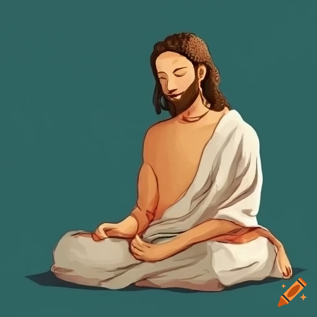 Jesus Christ meditates in lotus position, flower power, halo, hippie, yoga,  Buddhism, Christianity