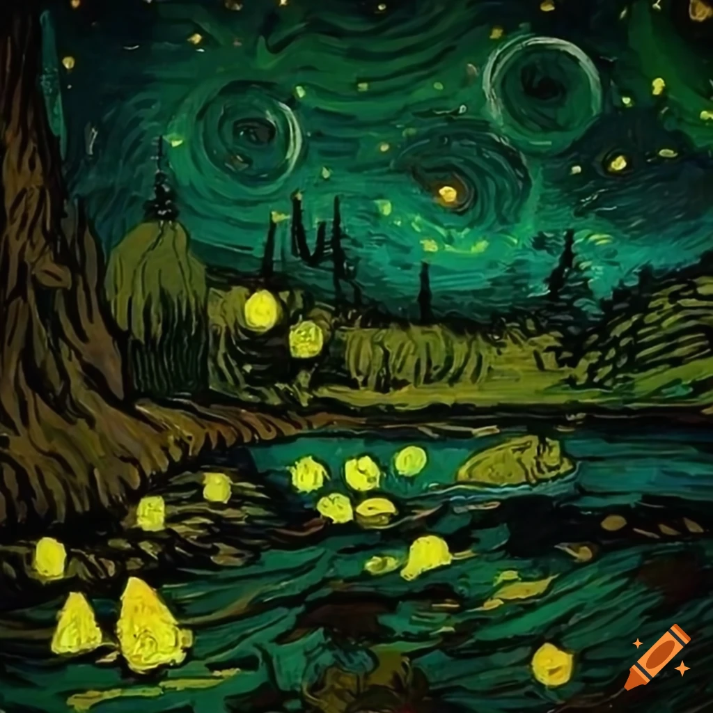 Fireflies in the forest in the style of van gogh