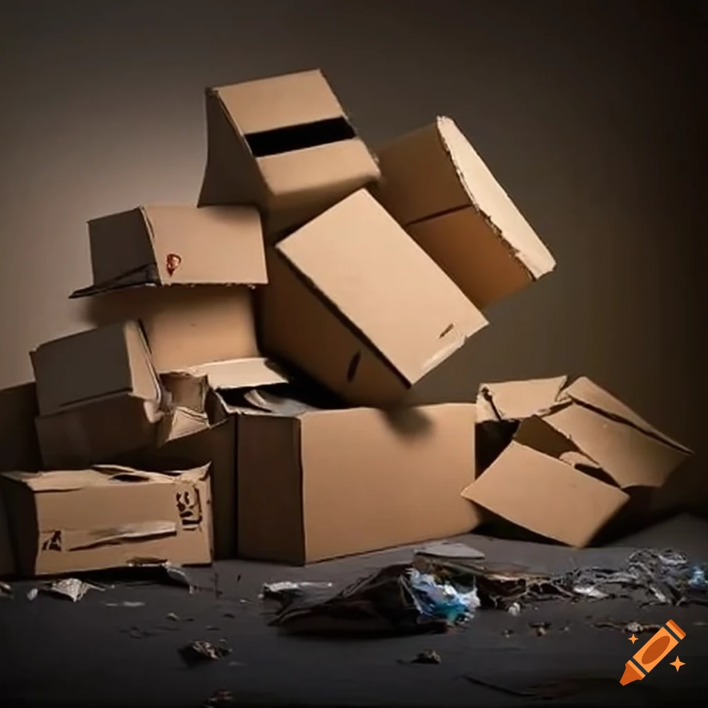 Used cardboard boxes piled up in a messy way
