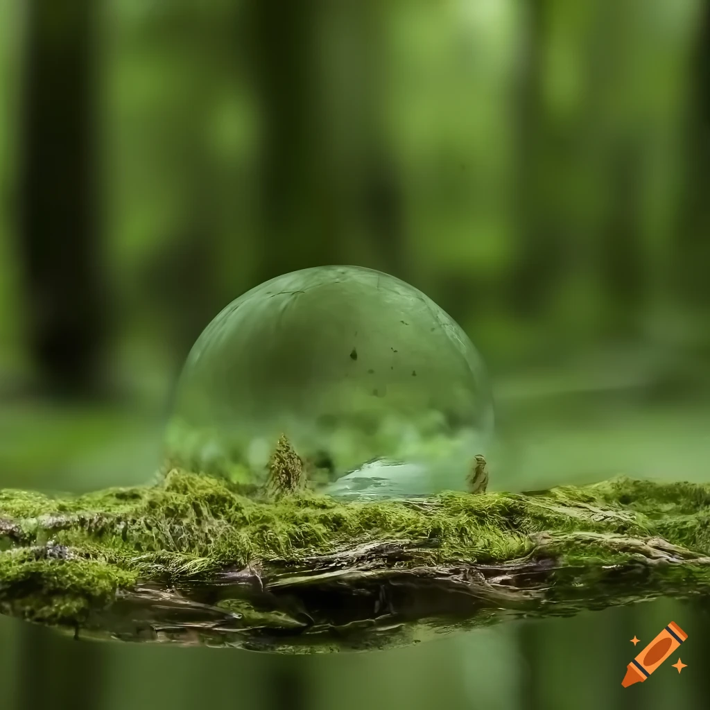 Photo of a mossy water sphere floating in midair in a forest on land