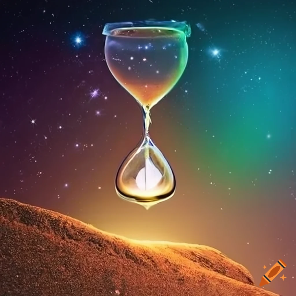 The image shows a starry sky with twinkling stars. An ancient hourglass ...