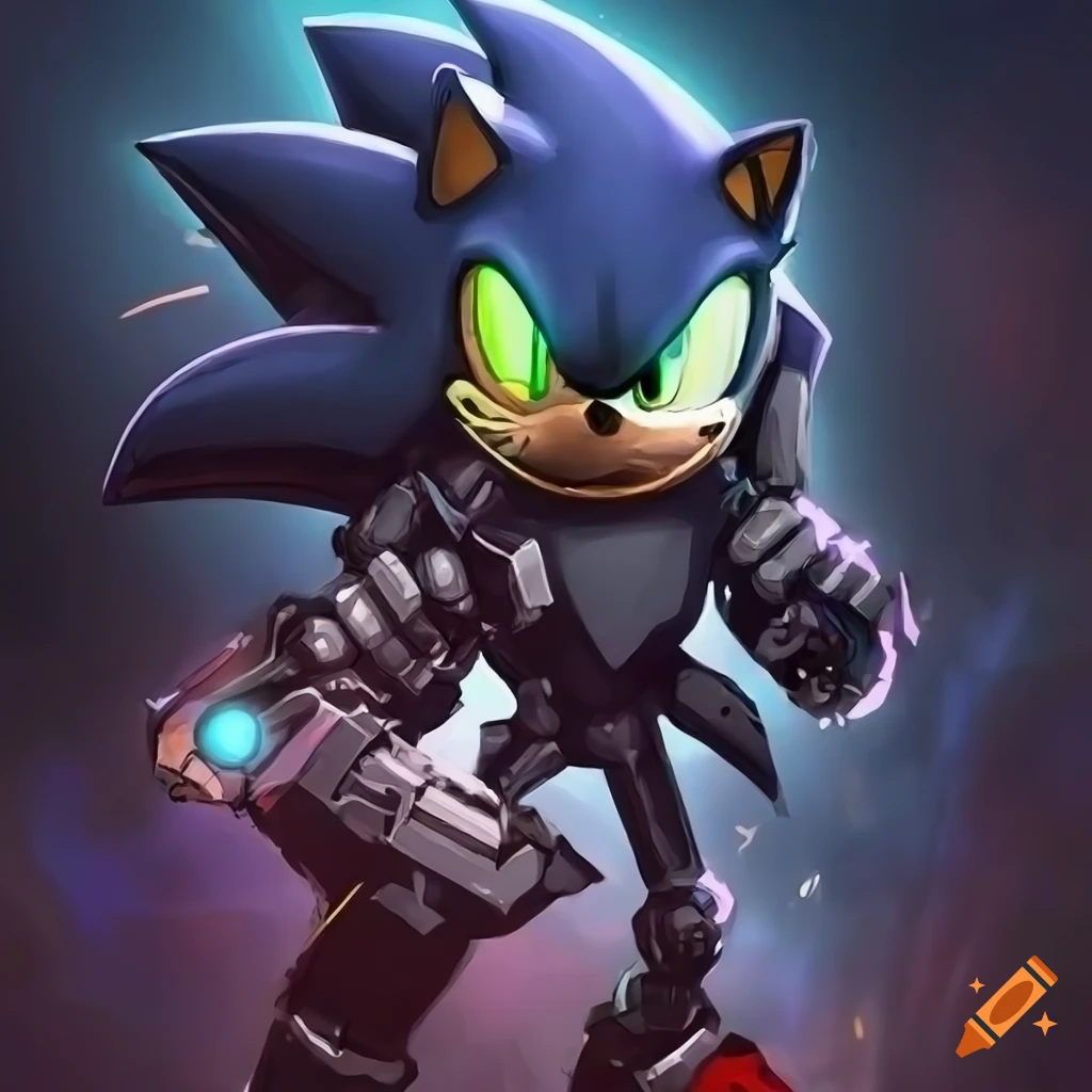 A detailed illustration of mecha sonic with a steampunk design