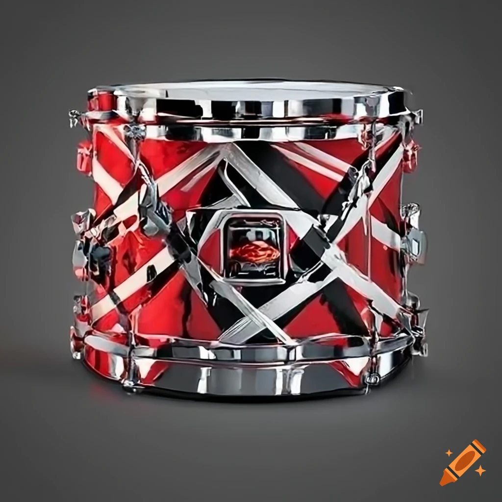 A hyper-realistic photo of a snare drum with chrome hoops and 8 lugs. the  shell of the snare should be themed after eddie van halen's signature  red/black/white lines design on Craiyon