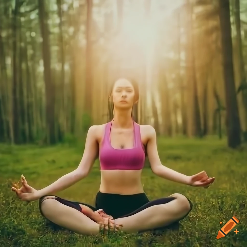 Beautiful young woman wearing yoga clothes in a field, meditation pose,  (clear facial features), symmetrical face, pretty face, peaceful  expression, clear hands, professional photography, high resolution, hdr,  global illumination, the sun rising