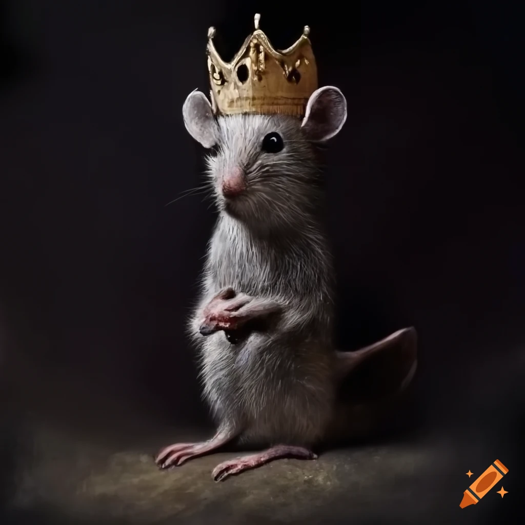 Medieval painting, realistic grey rat wearing a crown