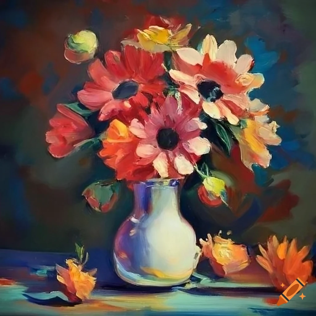 Still life oil painting of bright flowers in a vase