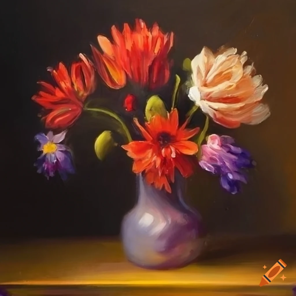 Still life oil painting of bright flowers in a vase