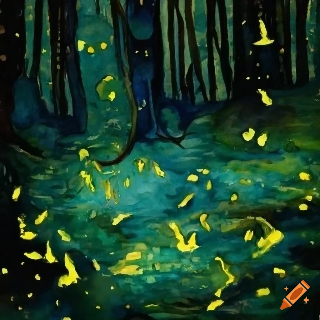 Fireflies in the forest in the style of van gogh and painted with