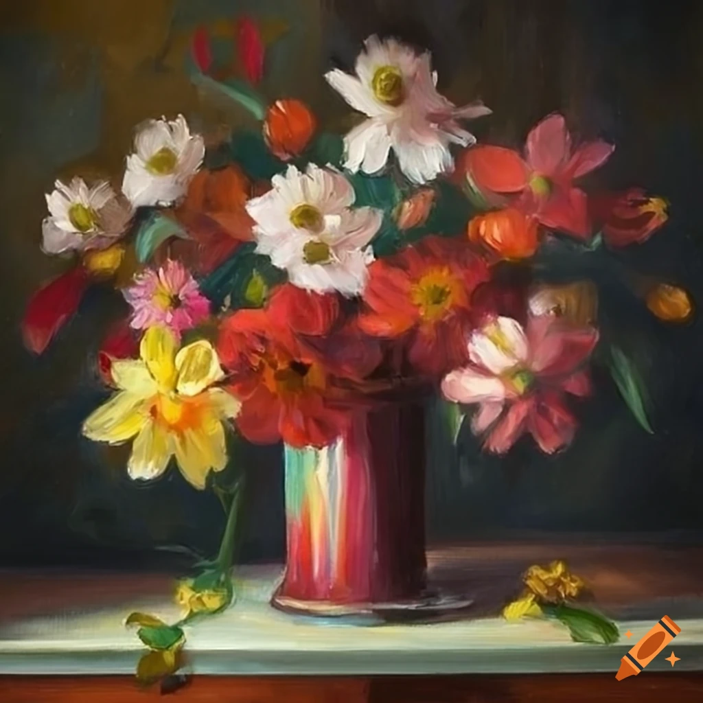 Oil painting of a bright bouquet of flowers in a vase on a table