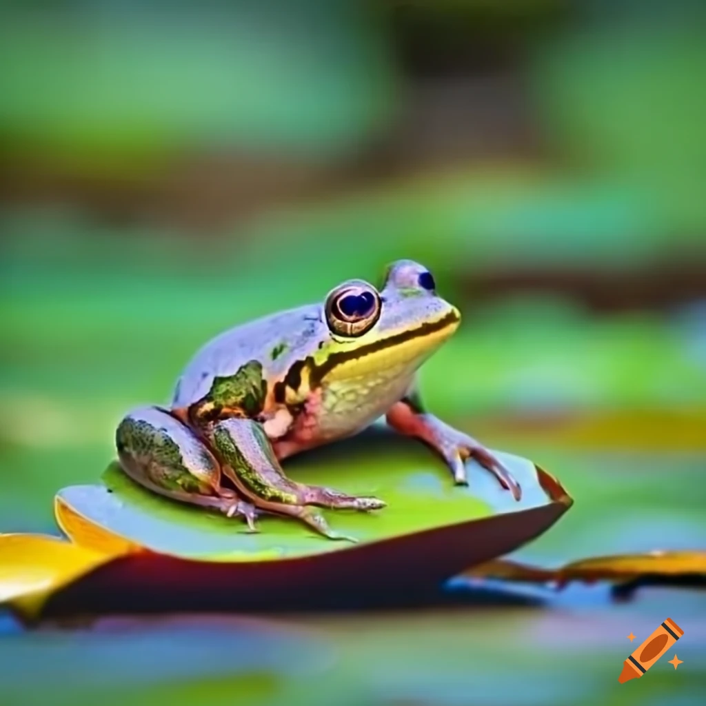 A contented frog sitting on a lily pad in a peaceful pond