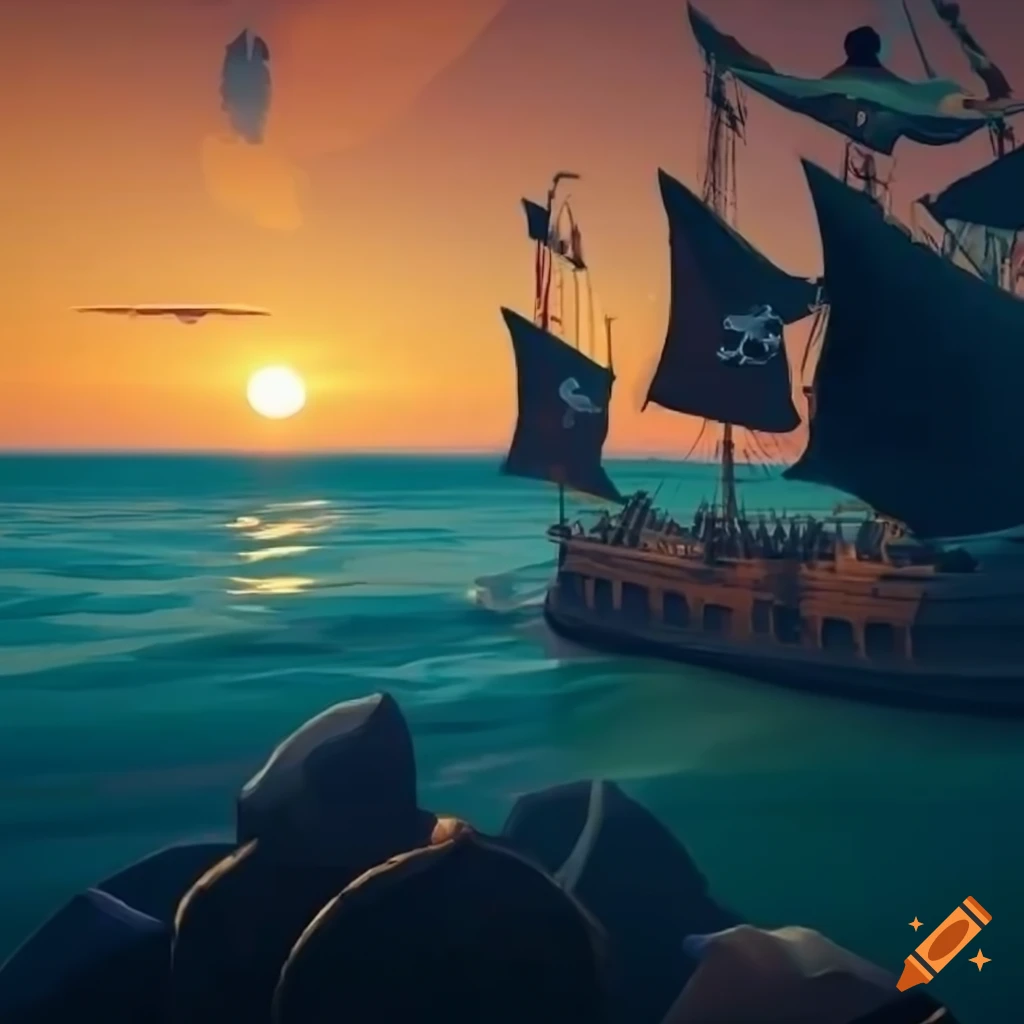 A detailed image of a pirate ship sailing into the sunset loaded with