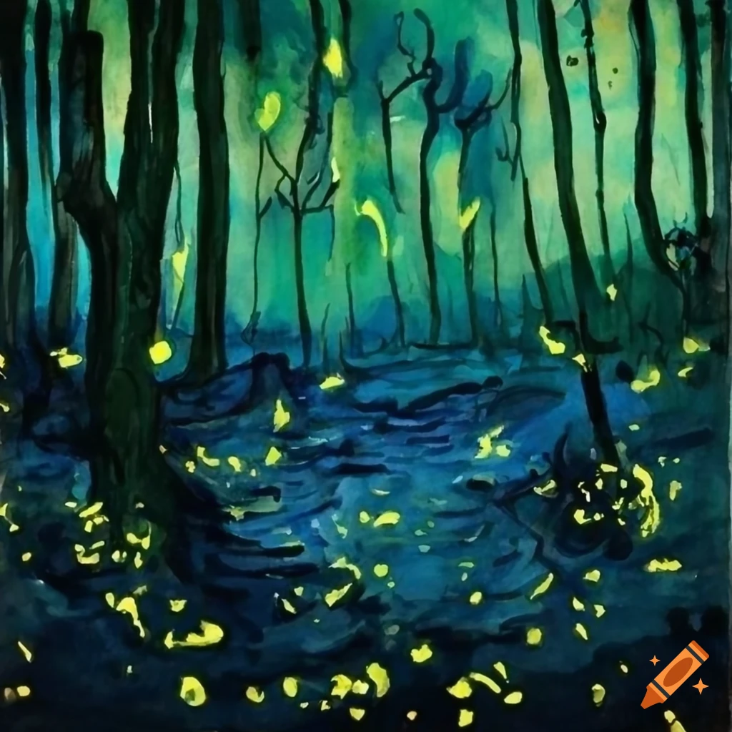 Fireflies in the forest in the style of van gogh and painted with