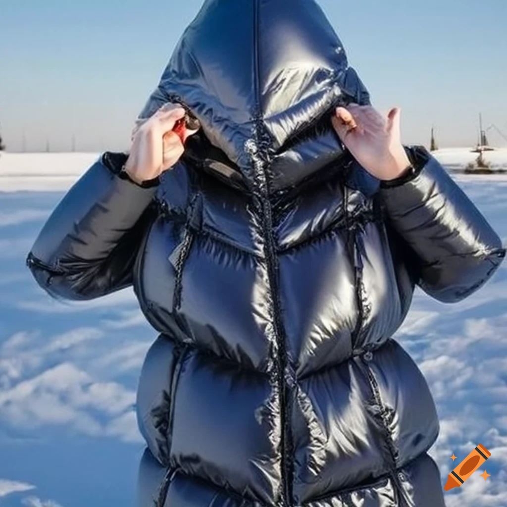 Realistic photo of a woman wearing a big, shiny ,inflatable, oversized and  fat bubble hooded puffer jacket, designed by moncler and balenciaga, her  hood is snugly tight to her head and has