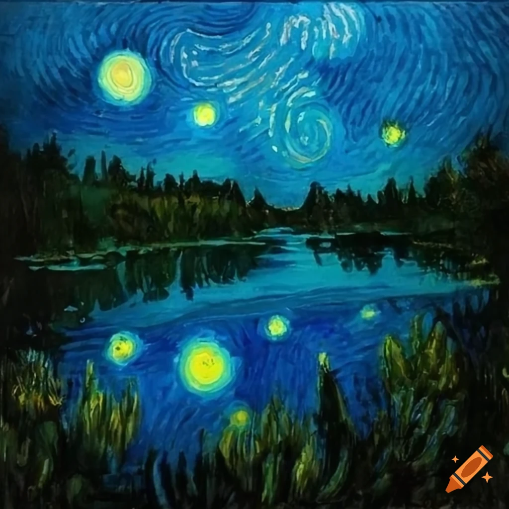 Fireflies on a lake in the style of van gogh and painted with watercolors