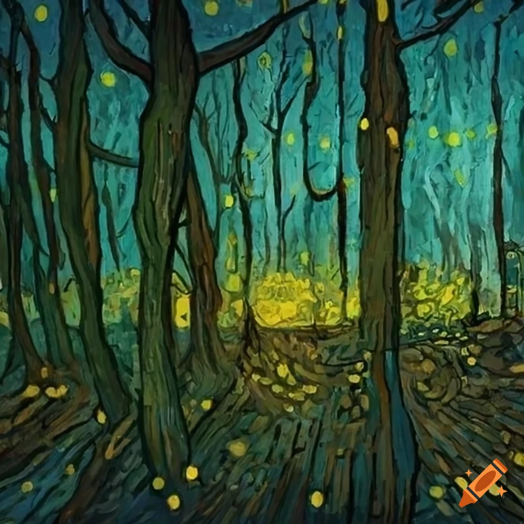 Fireflies in the forest in the style of van gogh