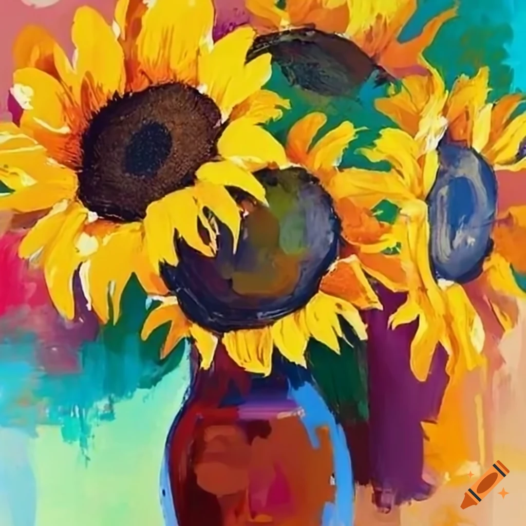 Painting with visible brush strokes of sunflowers in vase