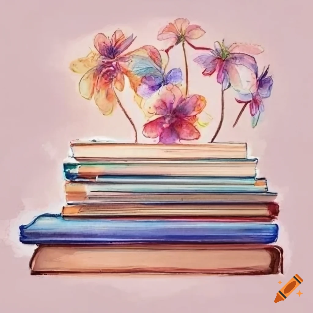 A row of books in pastel watercolor with flowers and no background on  Craiyon