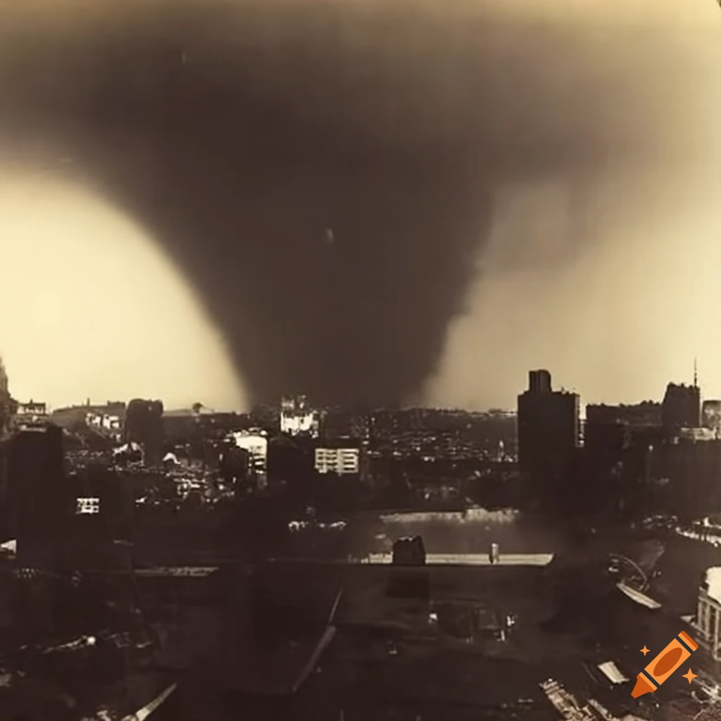 Vintage 1800s photo of tornado looming over large city on Craiyon