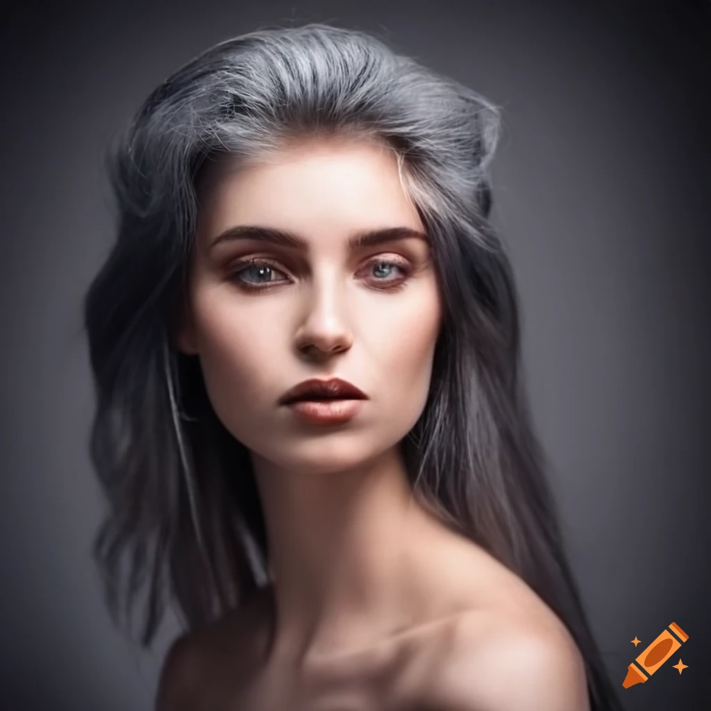 A gorgeous young woman with Australian heritage, dark gray hair, brown ...