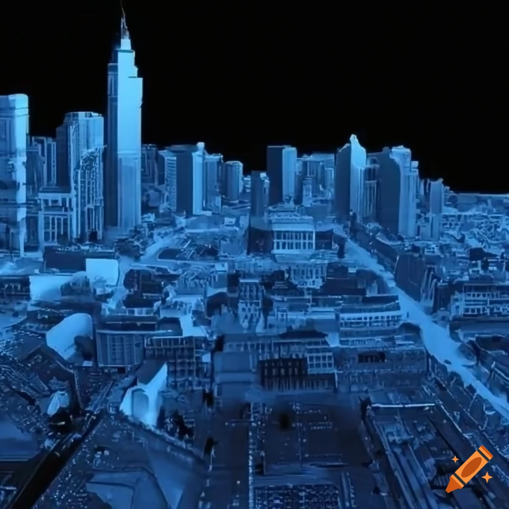 Modelized blue french city in 3d waves and particules where the lines ...