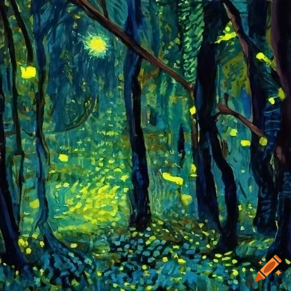 Fireflies in the forest in the style of van gogh and painted with