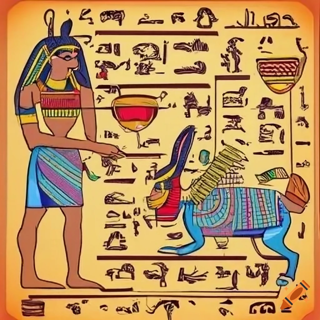 Ancient egyptian rabbits carrying food offerings in hieroglyphics