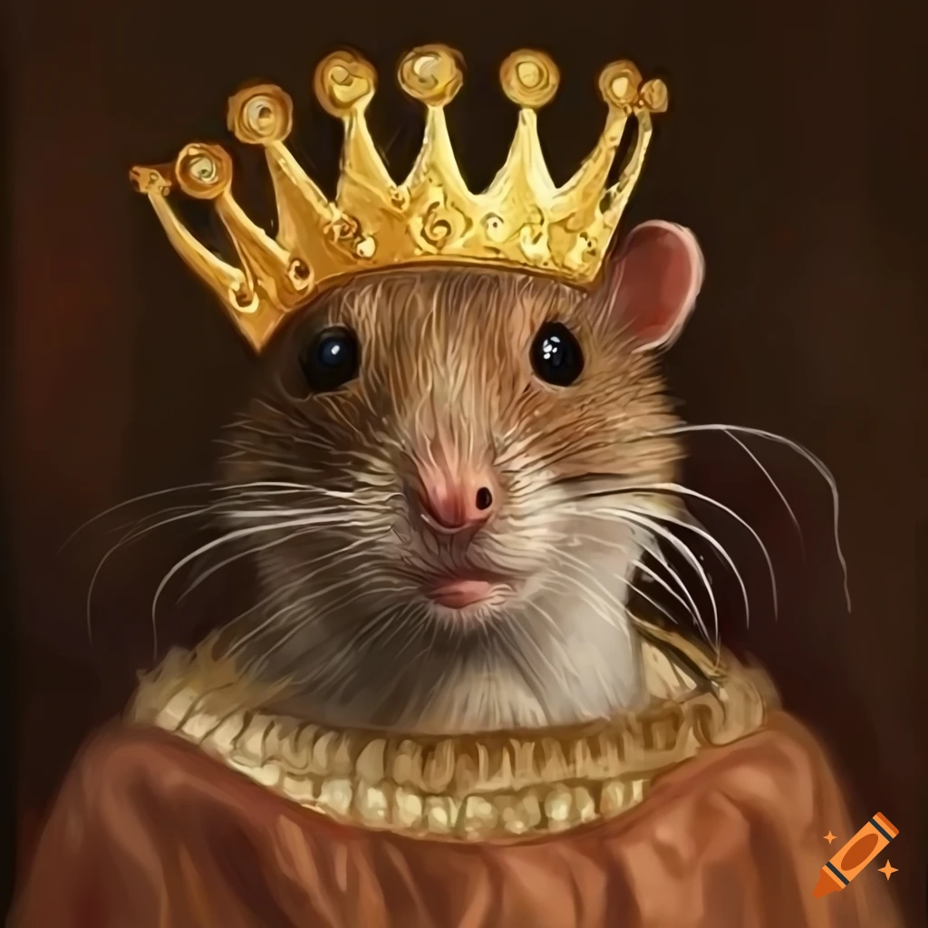 Medieval painting, realistic brown rat wearing a crown