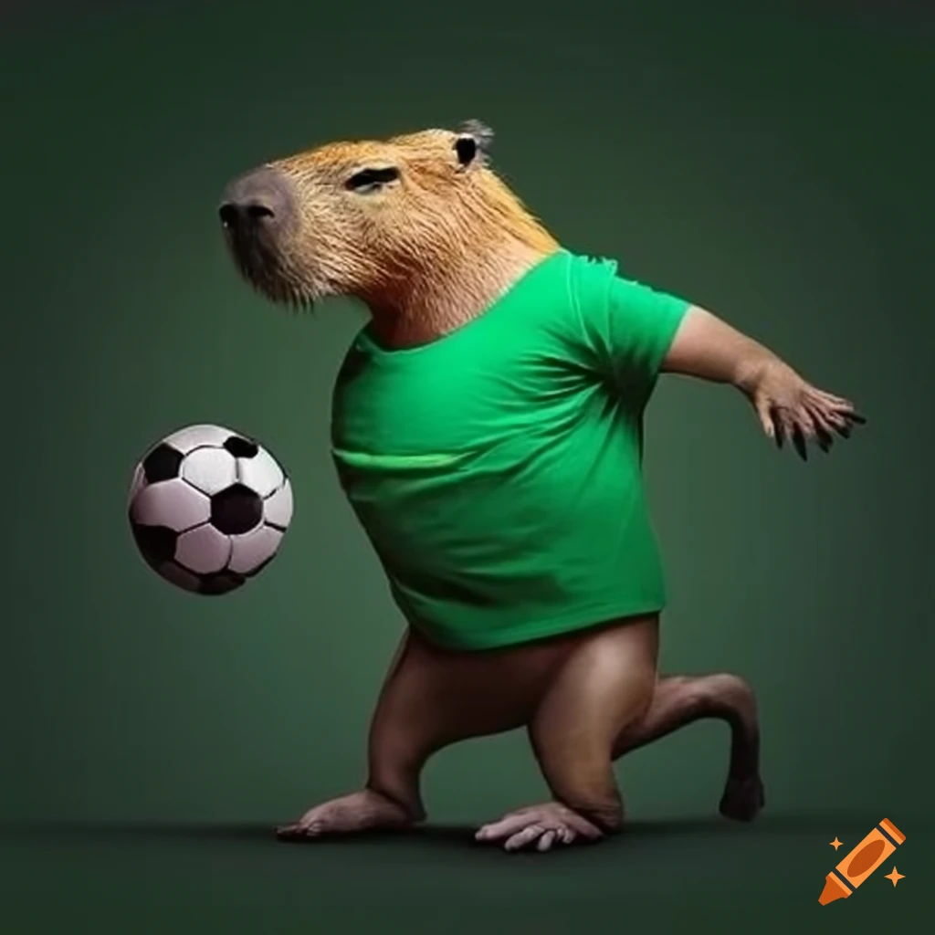 A muscular capybara with a green t-shirt that has a big G in it, about to smash a soccer ball
