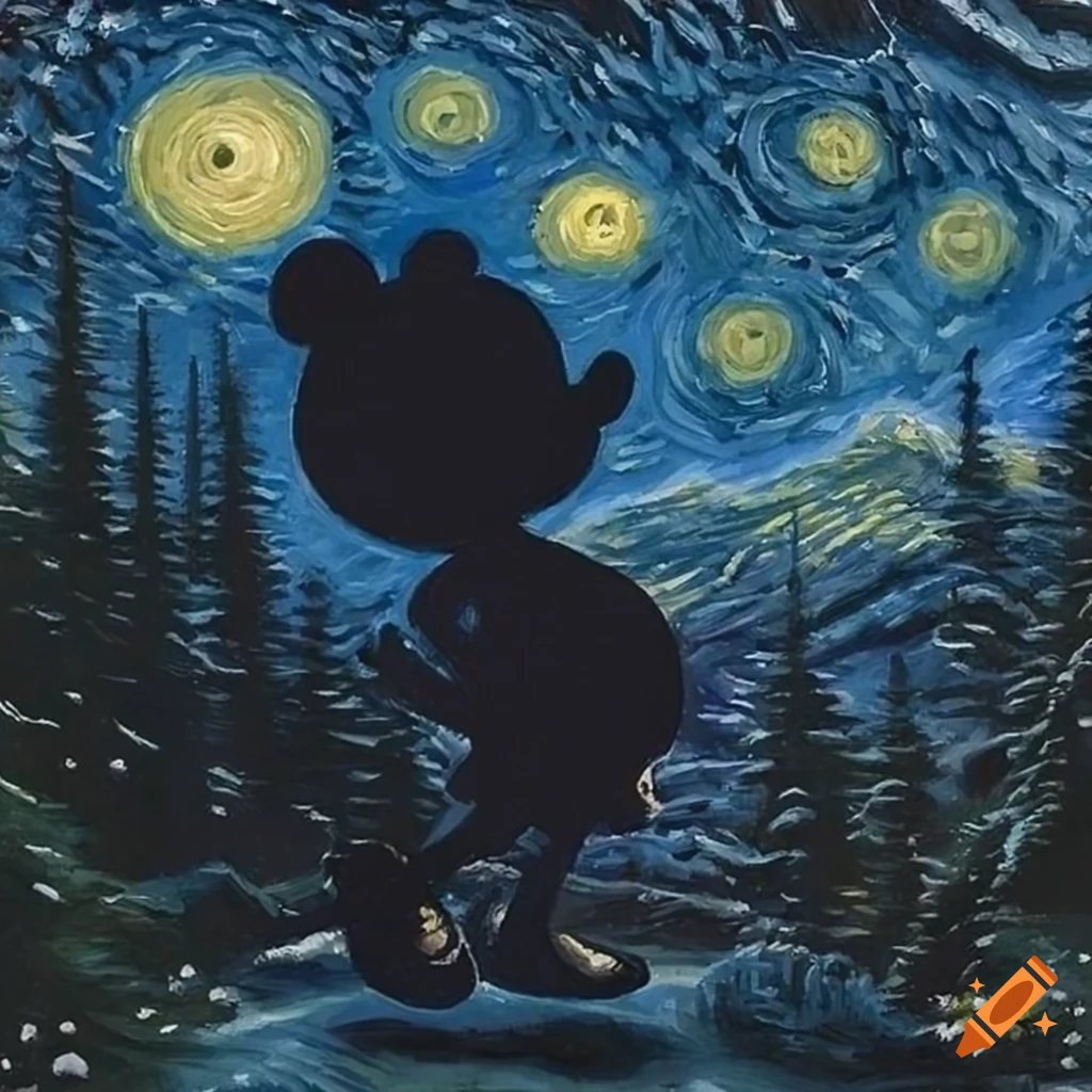 silhouette of pregnant Minnie Mouse in snowy forest