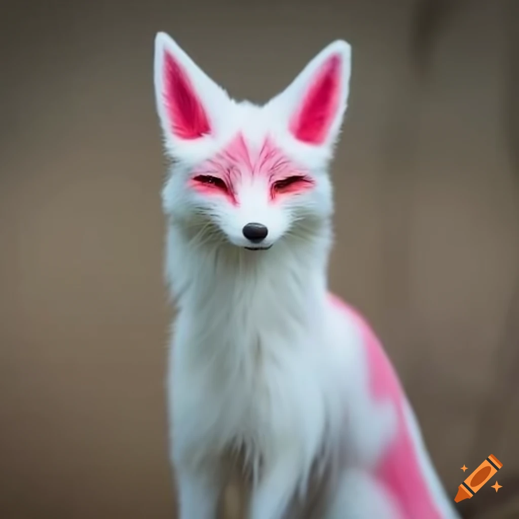 White and pink cute kitsune with 4 tails on Craiyon