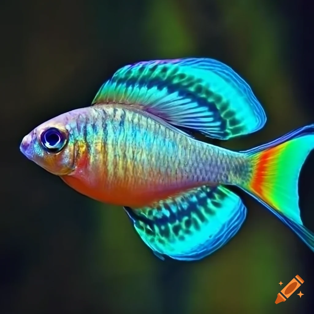 Rainbowfish: this magnificent fish was a true kaleidoscope of colors. its  body was adorned with vibrant stripes and spots of various shades: red,  orange, yellow, green, blue, and purple. as it swam
