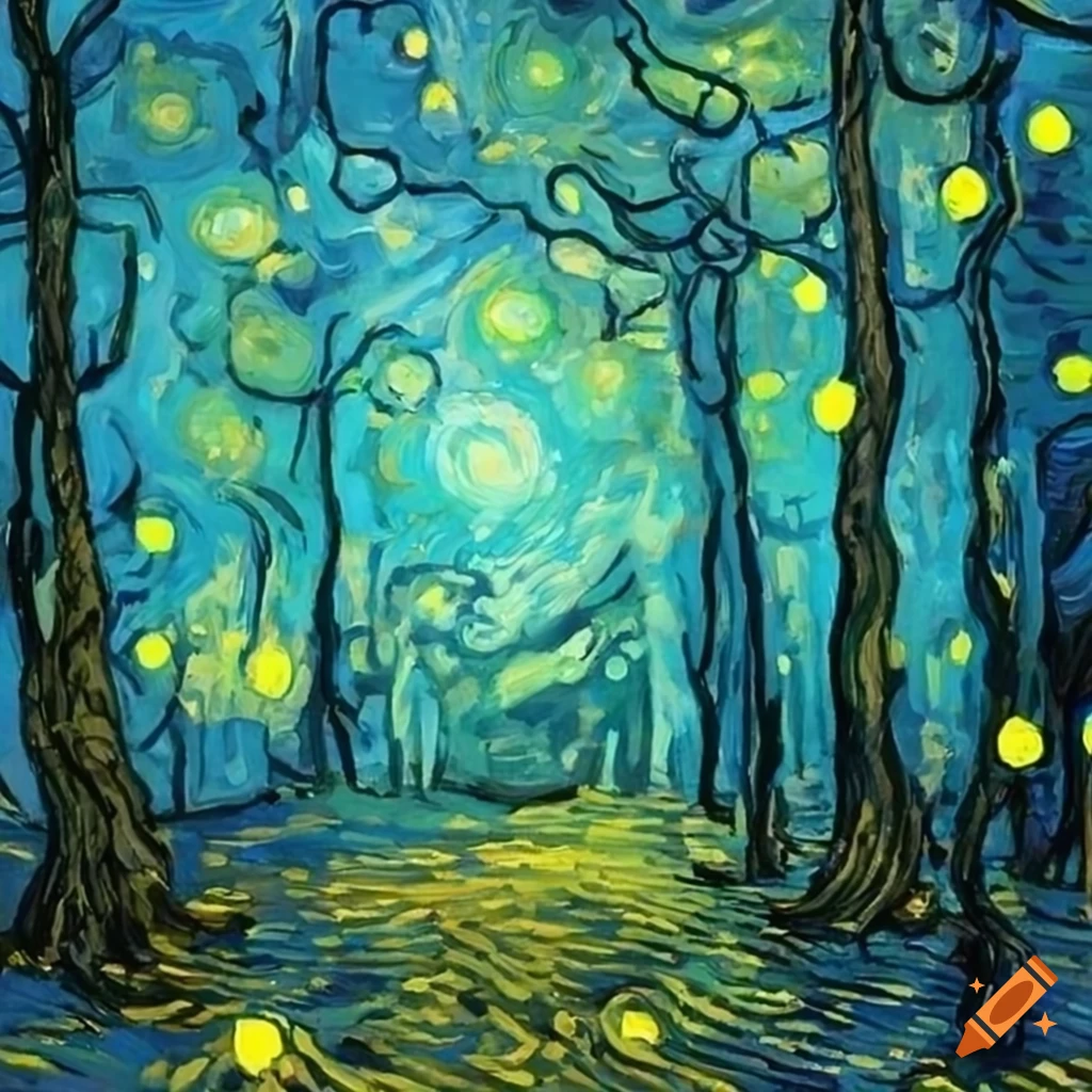 Fireflies in a magical forest in the style of van gogh painted with