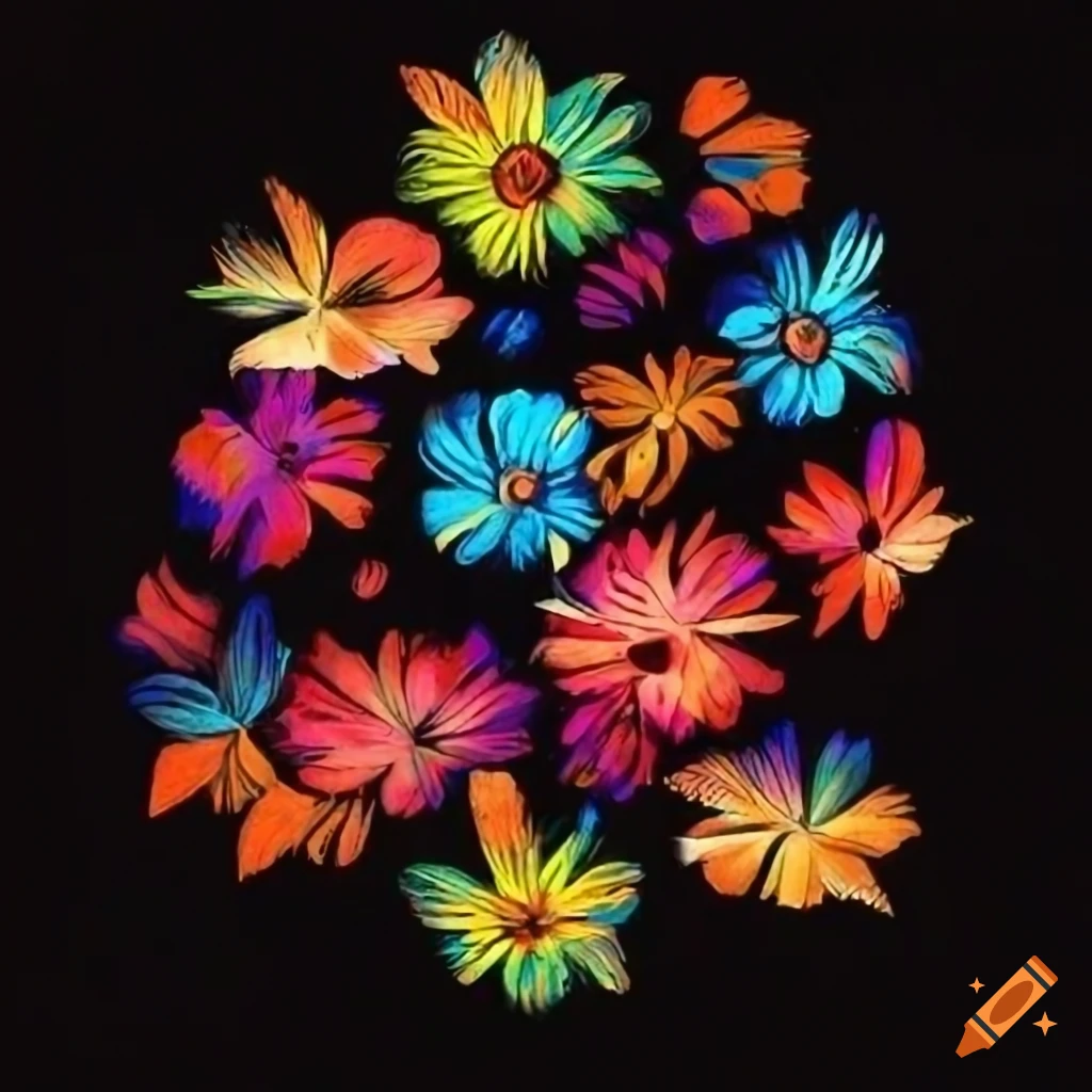 Collage colorful small flowers with black background style drawing on  Craiyon