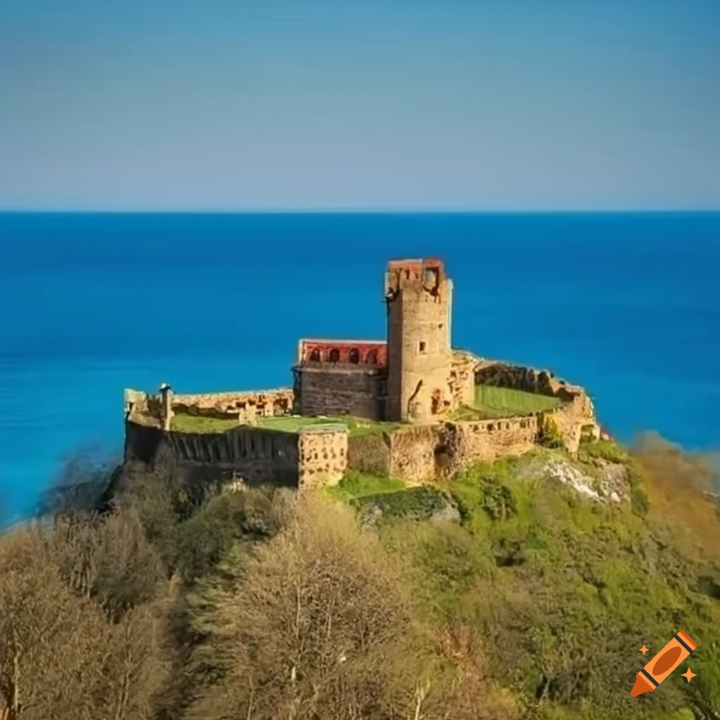 An ancient castle perched on a hill overlooking the sea on Craiyon