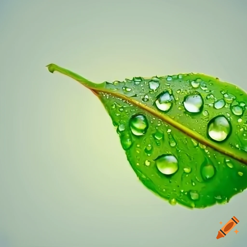 Beautiful green leaf with water drops with blank white background on Craiyon