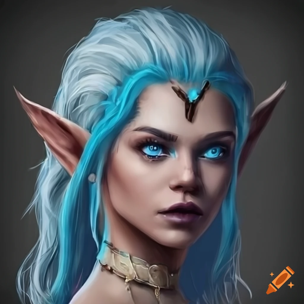 A black elf woman with blueish white hair and blue eyes