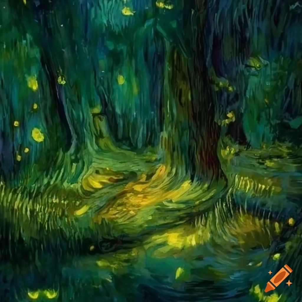Fireflies in a magical forest in the style of van gogh painted with