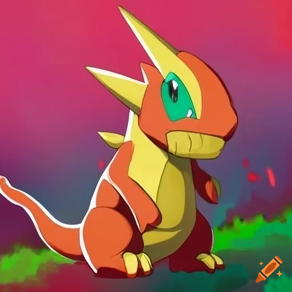 Pokemon style cute dragon, green and red color scheme, sky in the background