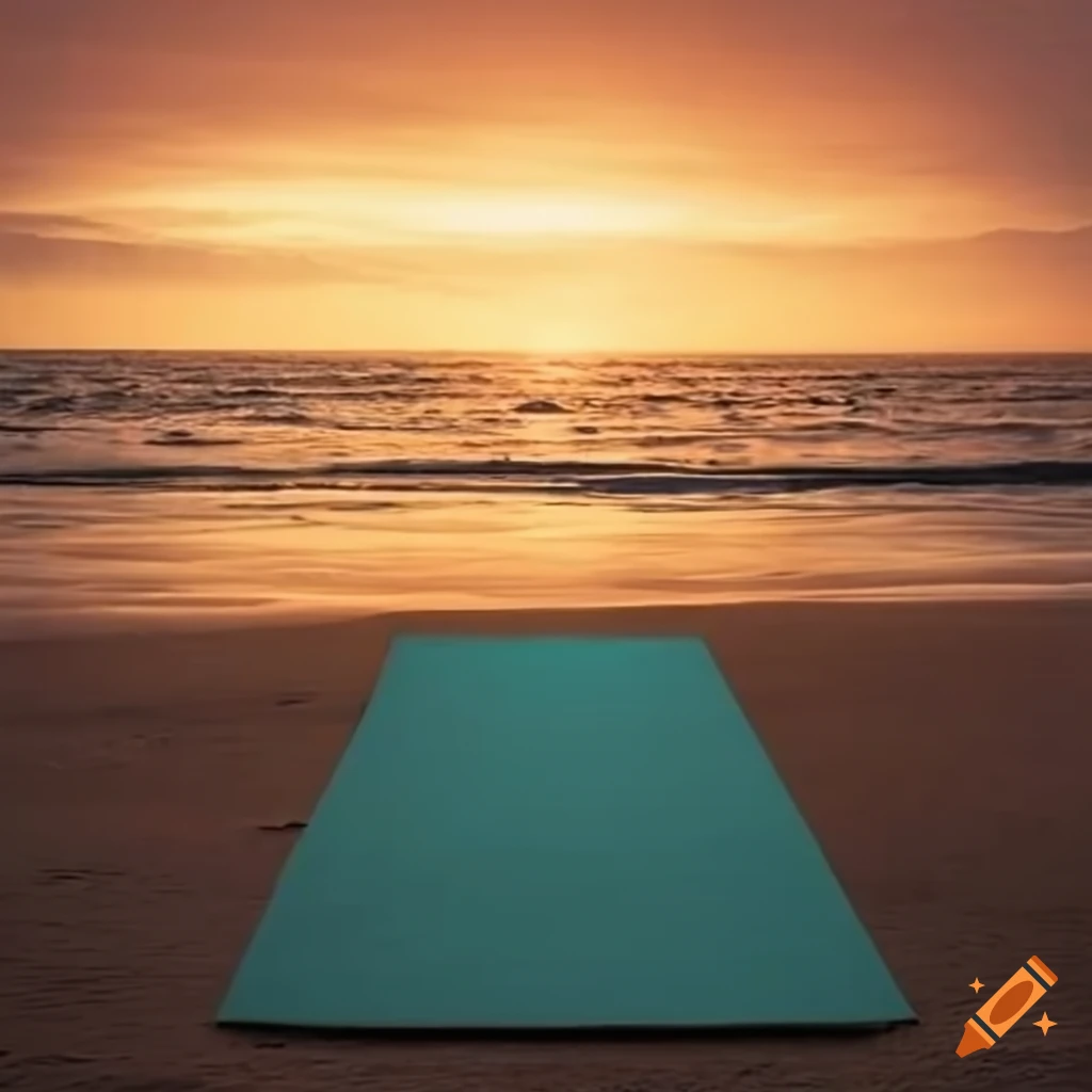 Picture of yoga mat on beach with sunrise in background on Craiyon