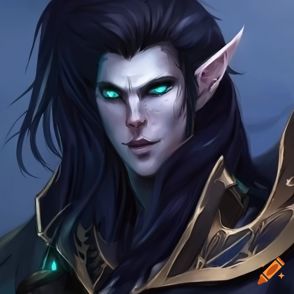 Kaldorei night elf knight long black hair and beard grey eyes