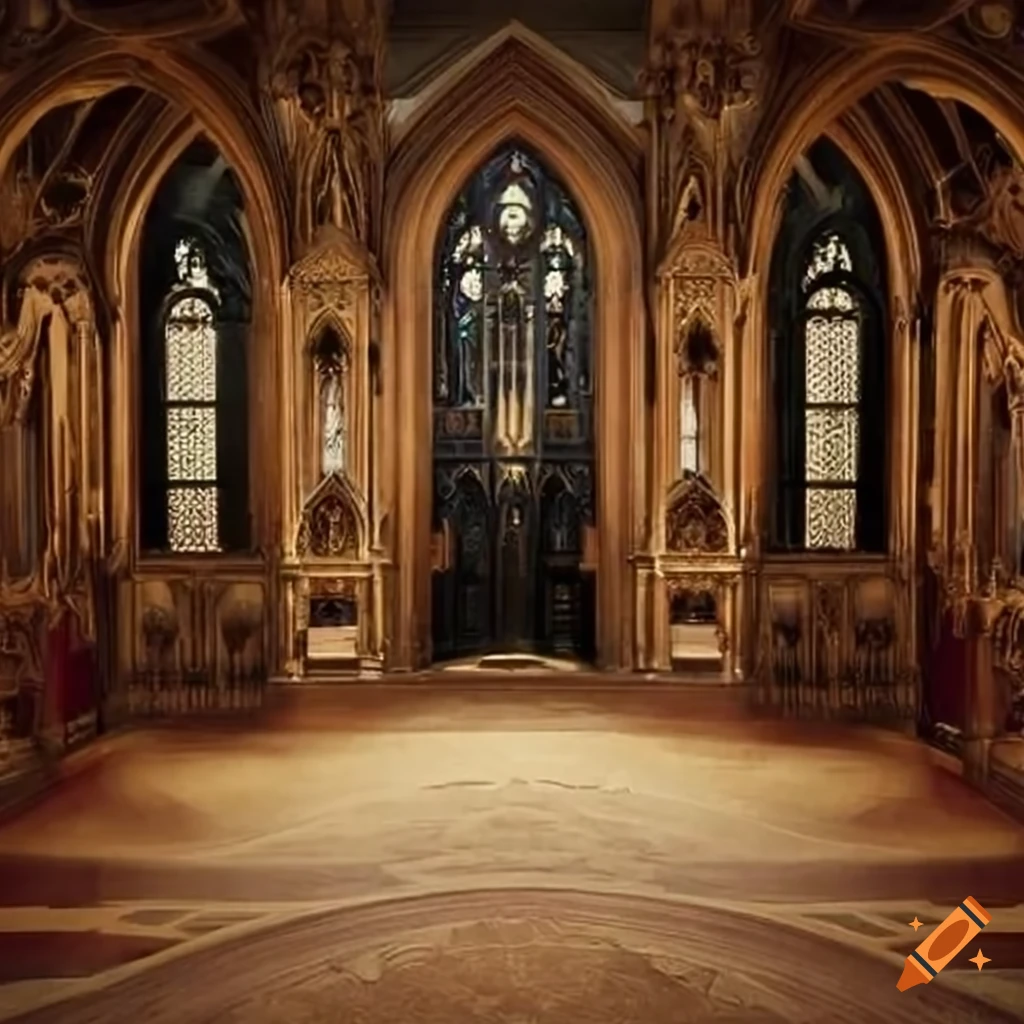A gothicstyle royal court room with archways on the second floor