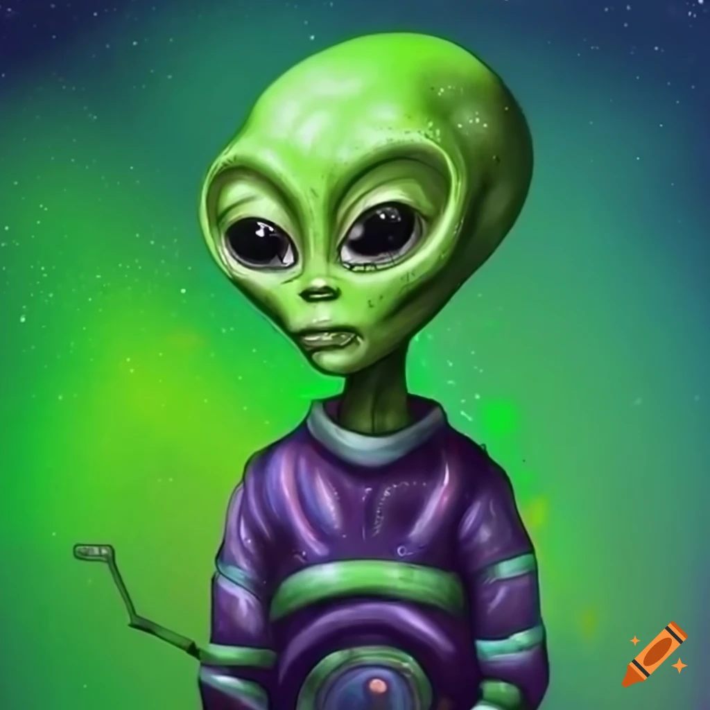 Green alien in space outfit, cartoon drawing on Craiyon