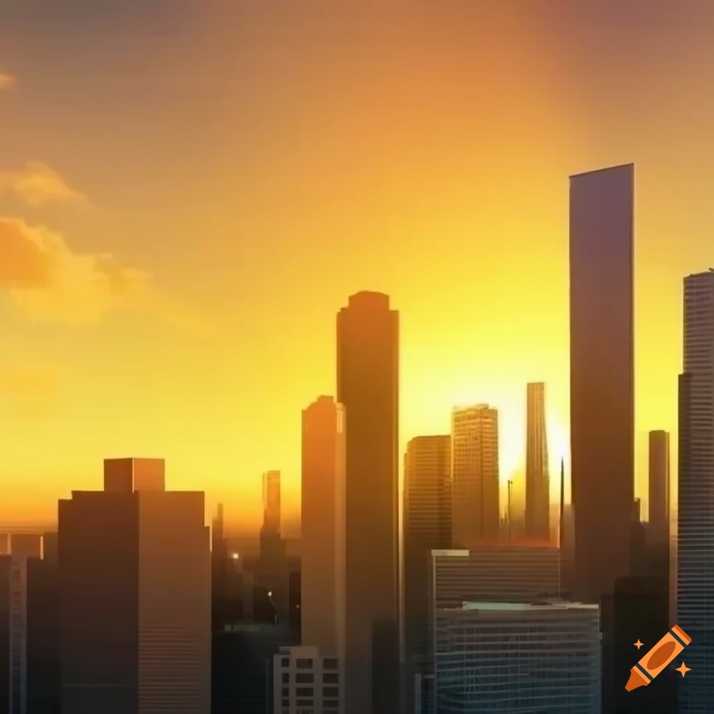 Modern Cityscape at sunset with towering skyscrapers and a glowing ...