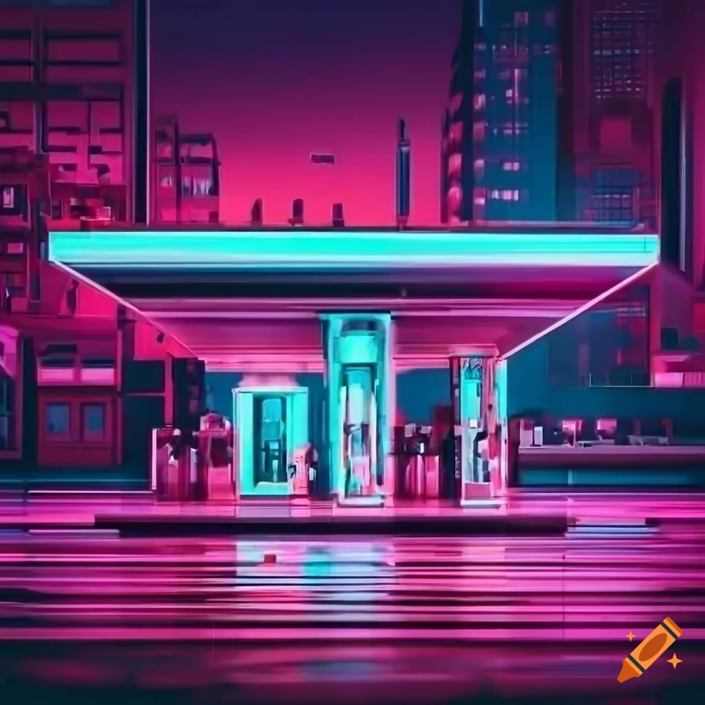 Futuristic gas station in a neon urban environment, ultra intricate