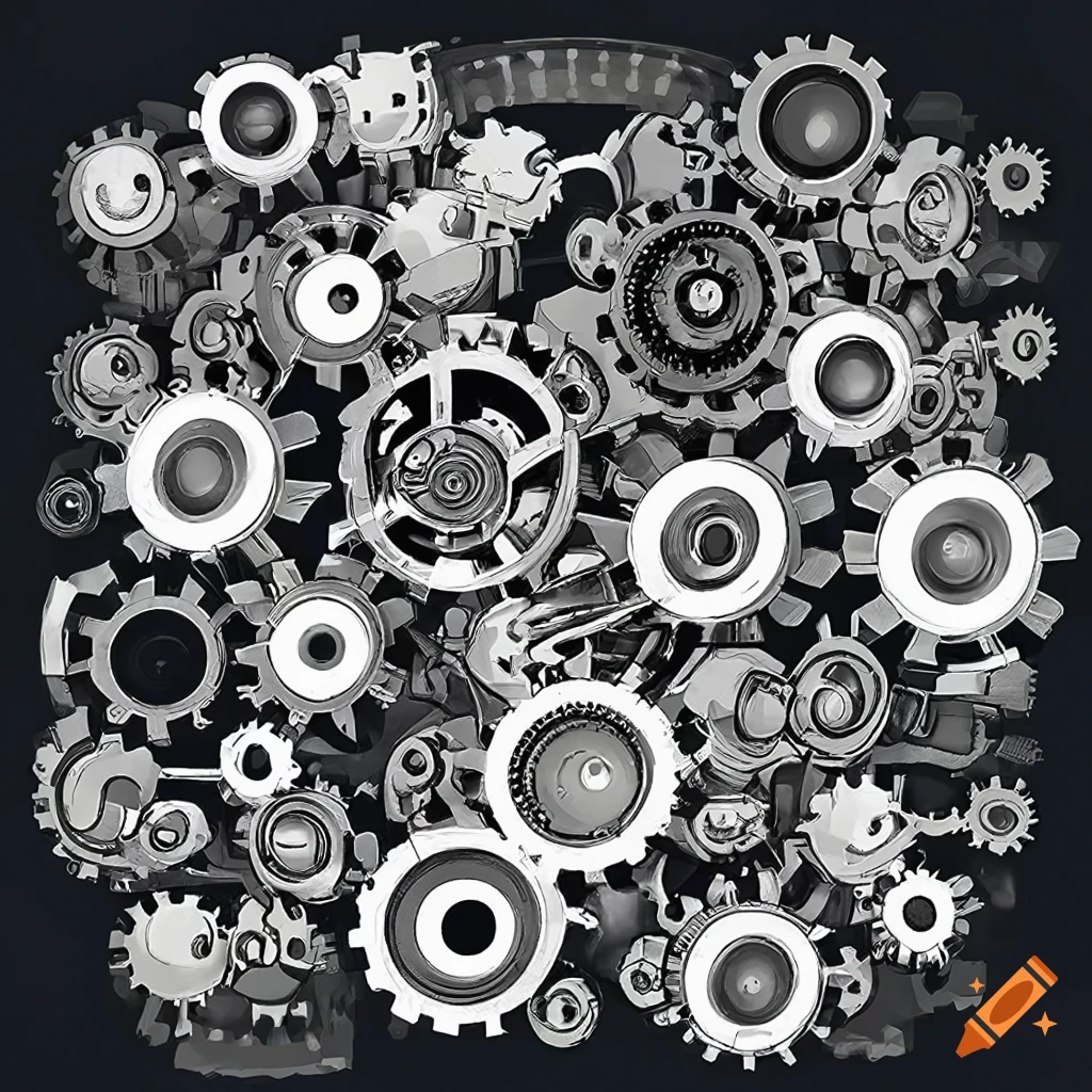 Vector illustration that consist of mechanical elements, an engine and gears.  this illustration is in monochrome color. the background is none. make this  picture full of mechanical parts with one big engine