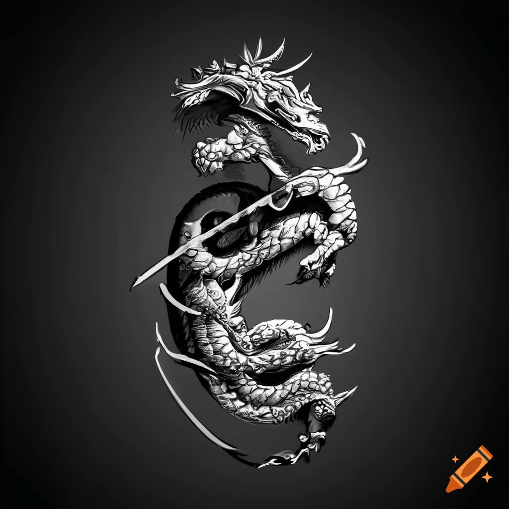 Black and white image of a sword with a japanese-style dragon emblem