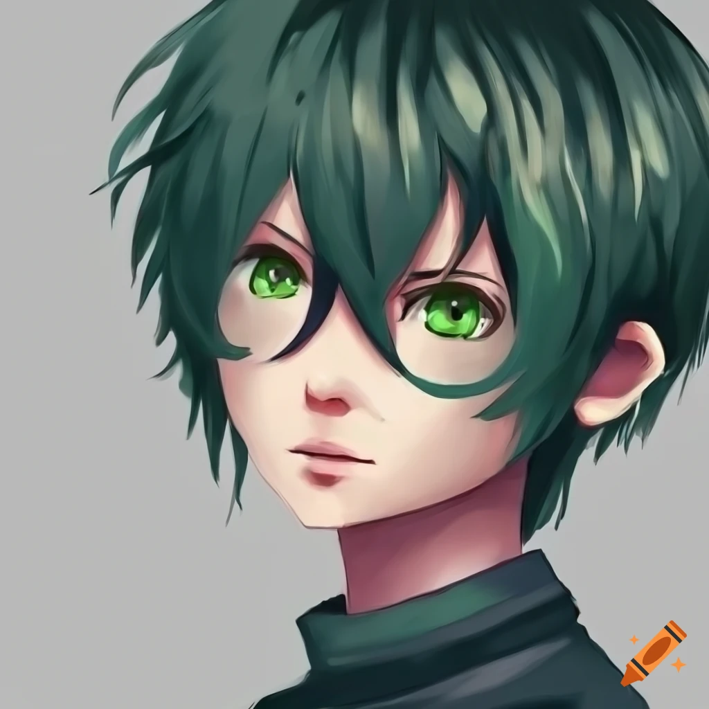 Anime-style portrait of a friendly boy with black hair and green eyes ...