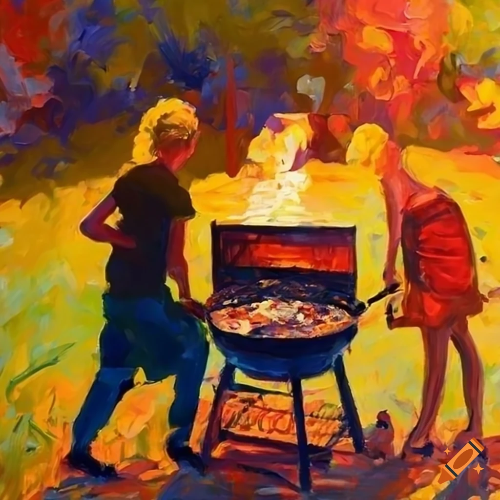 Impressionist style painting of friends gathered around a bbq grill in