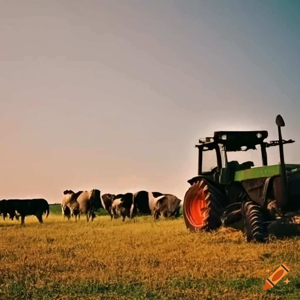 Landscape with a tractor next to three black and white cows, in a field ...